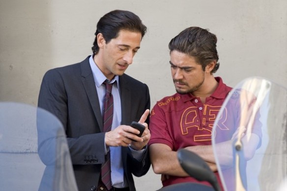 Riccardo Scamarcio with Adrien Brody on the set of 'The Third Person'.