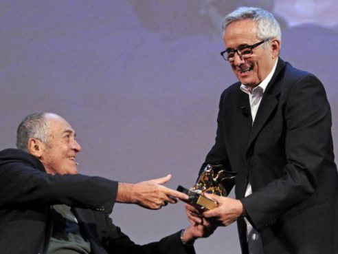 Marco Bellocchio receives Golden Lion for Lifetime achievement from Bernardo Bertolucci